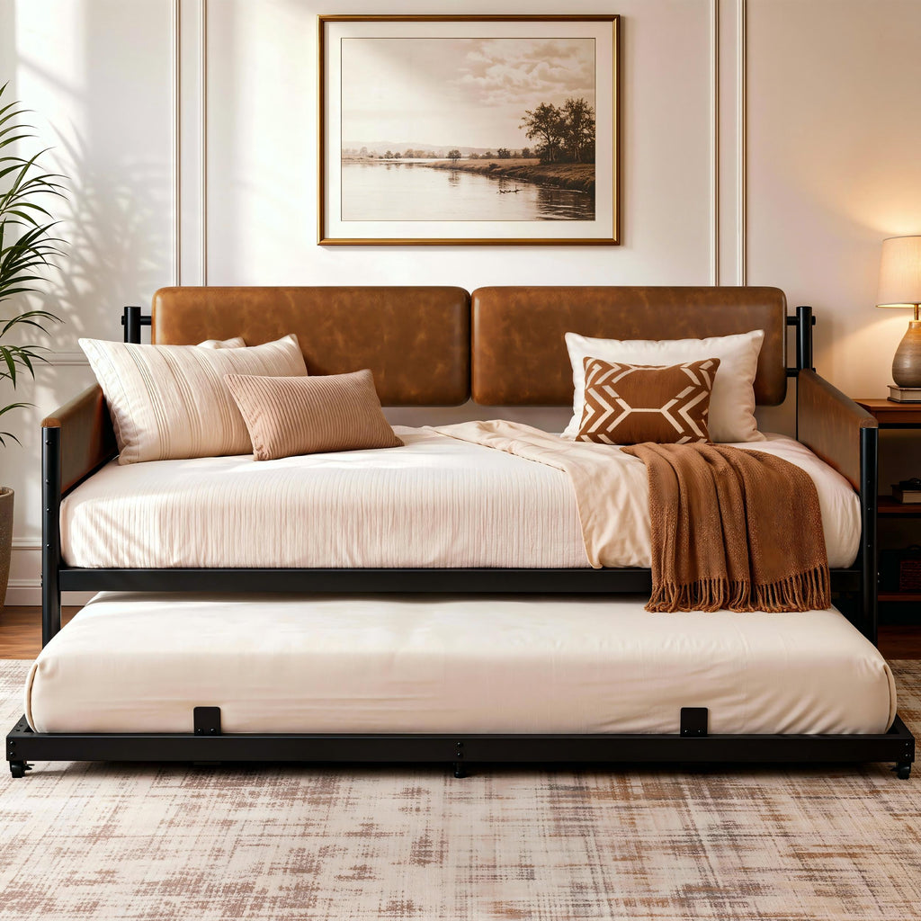 LIKIMIO Twin Upholstered Daybed with Pull Up Trundle, Brown Sofa Bed with Headboard, No Box Spring Needed, for Bedroom, Living Room, Study Room & Guest Room