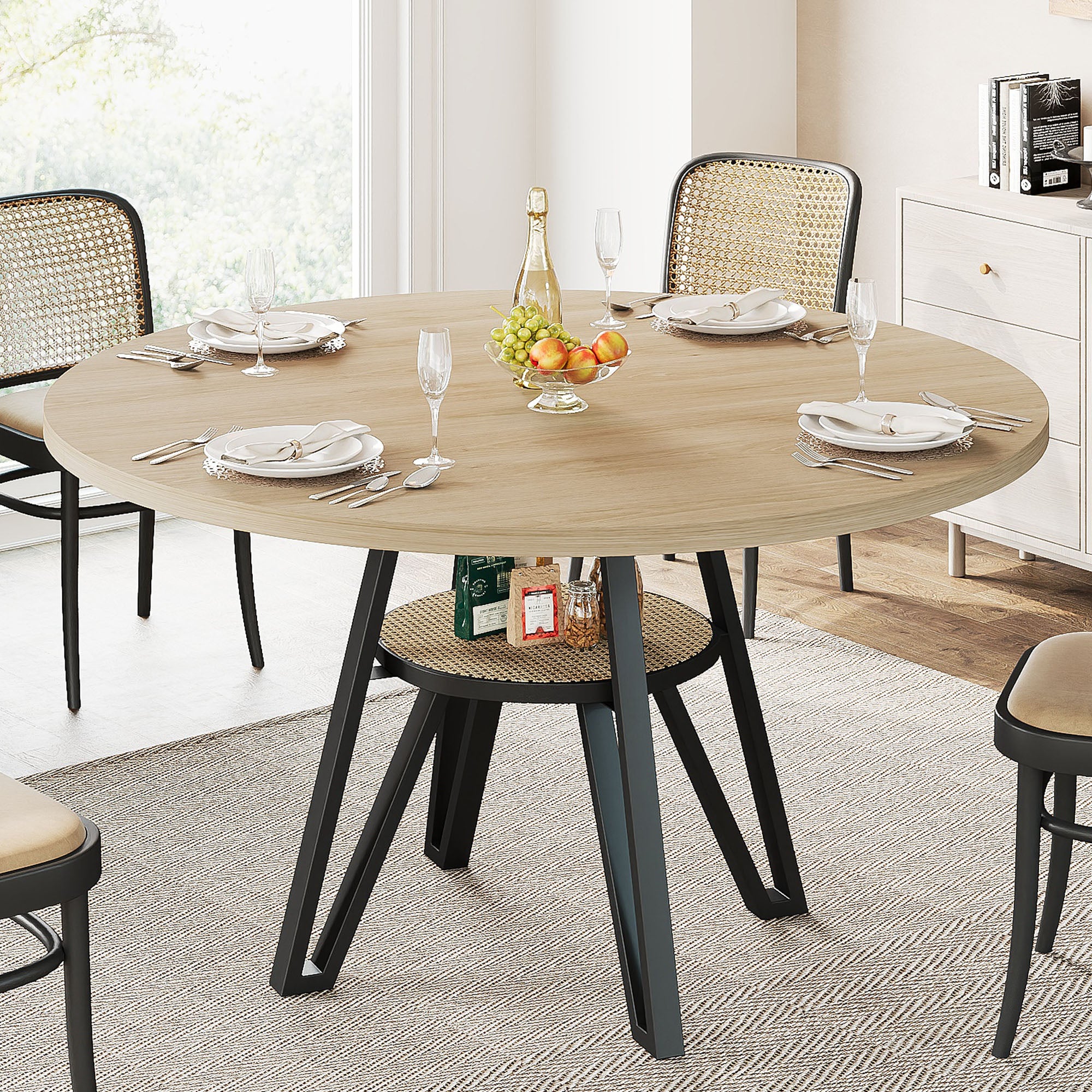 LIKIMIO Wooden Kitchen Table with Rattan Storage Shelf, 47.2”, Nature