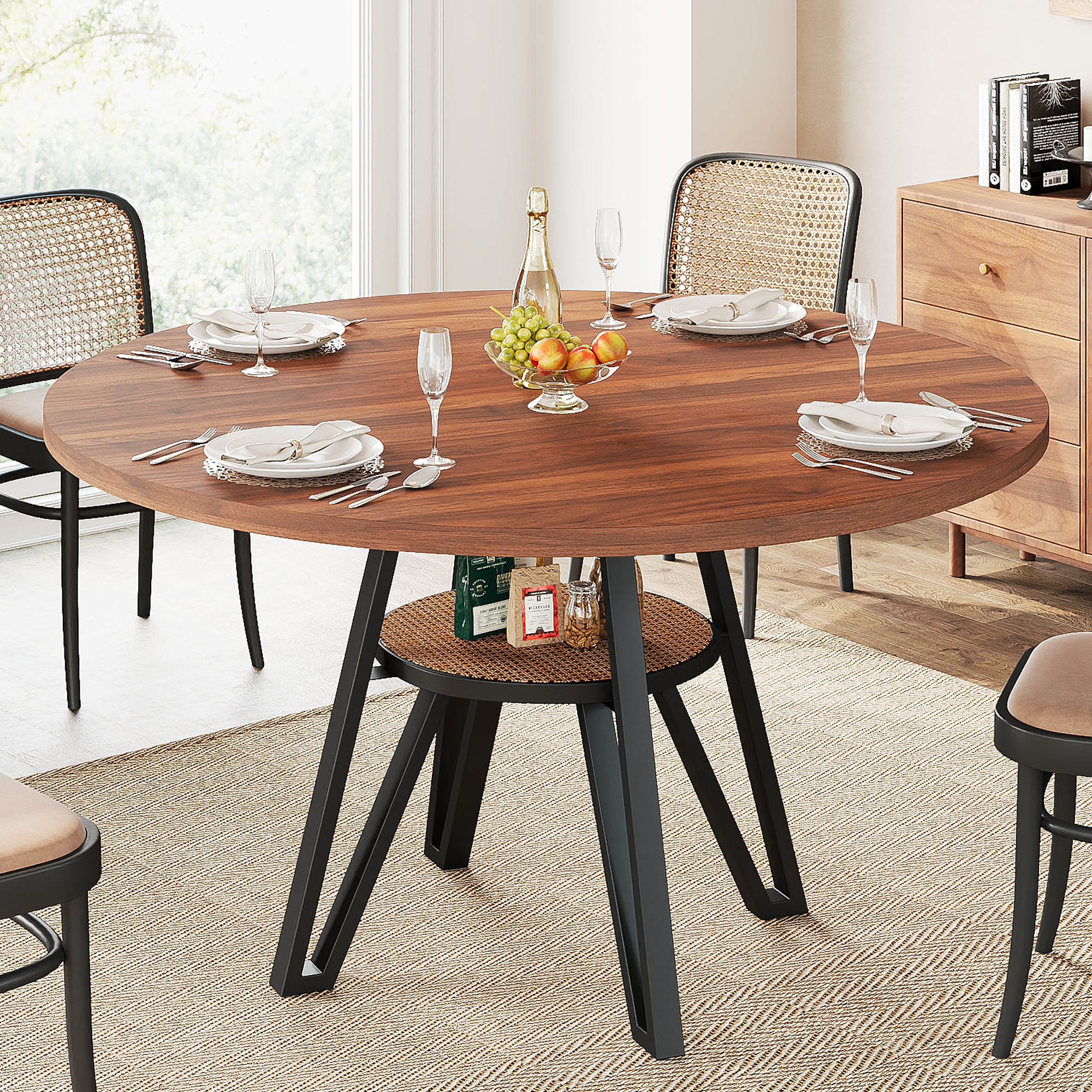 LIKIMIO Wooden Kitchen Table with Rattan Storage Shelf, 47.2”, Walnut