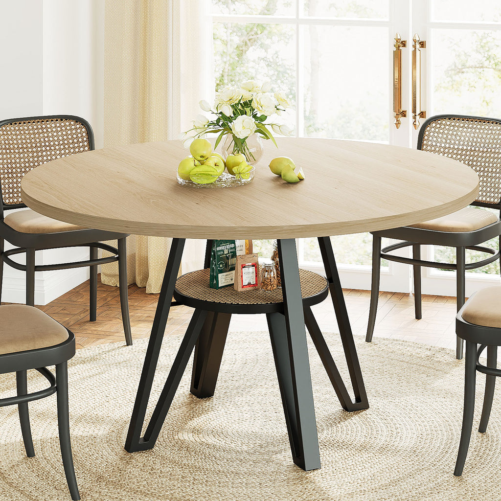 LIKIMIO Wooden Kitchen Table with Rattan Storage Shelf, 47.2”, Walnut