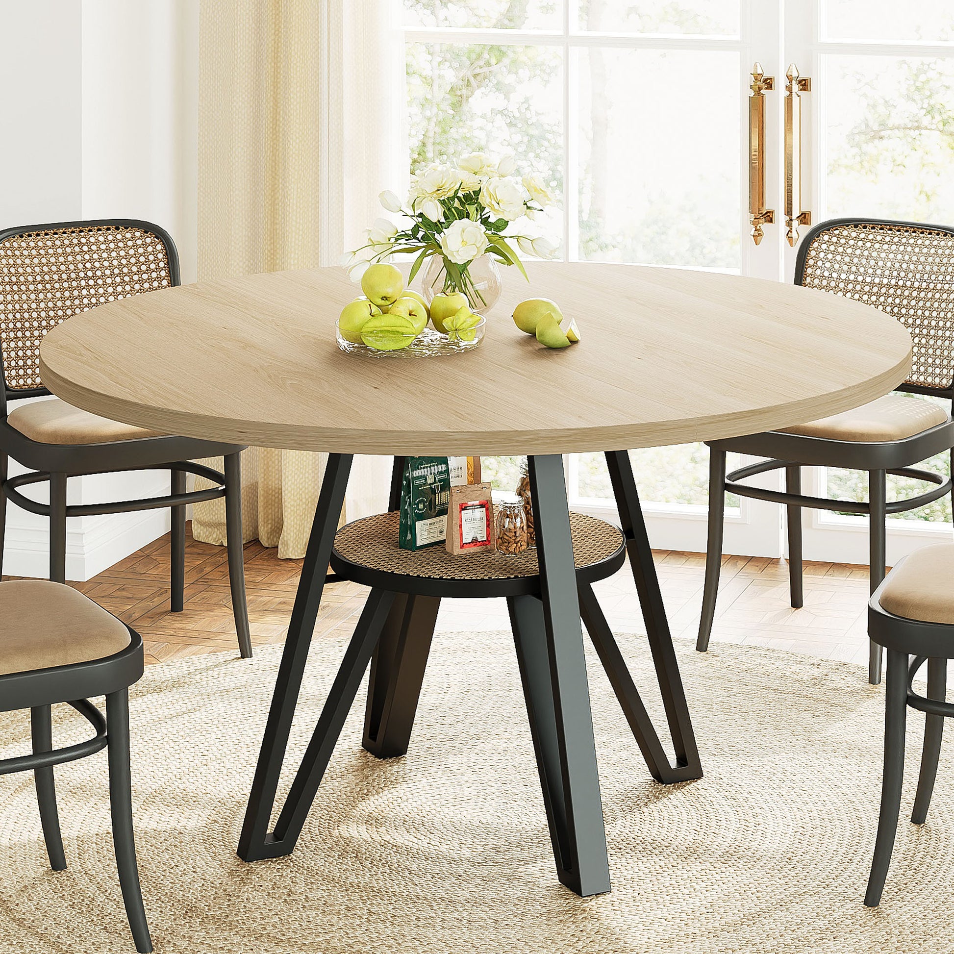 LIKIMIO Wooden Kitchen Table with Rattan Storage Shelf, 47.2”, Walnut