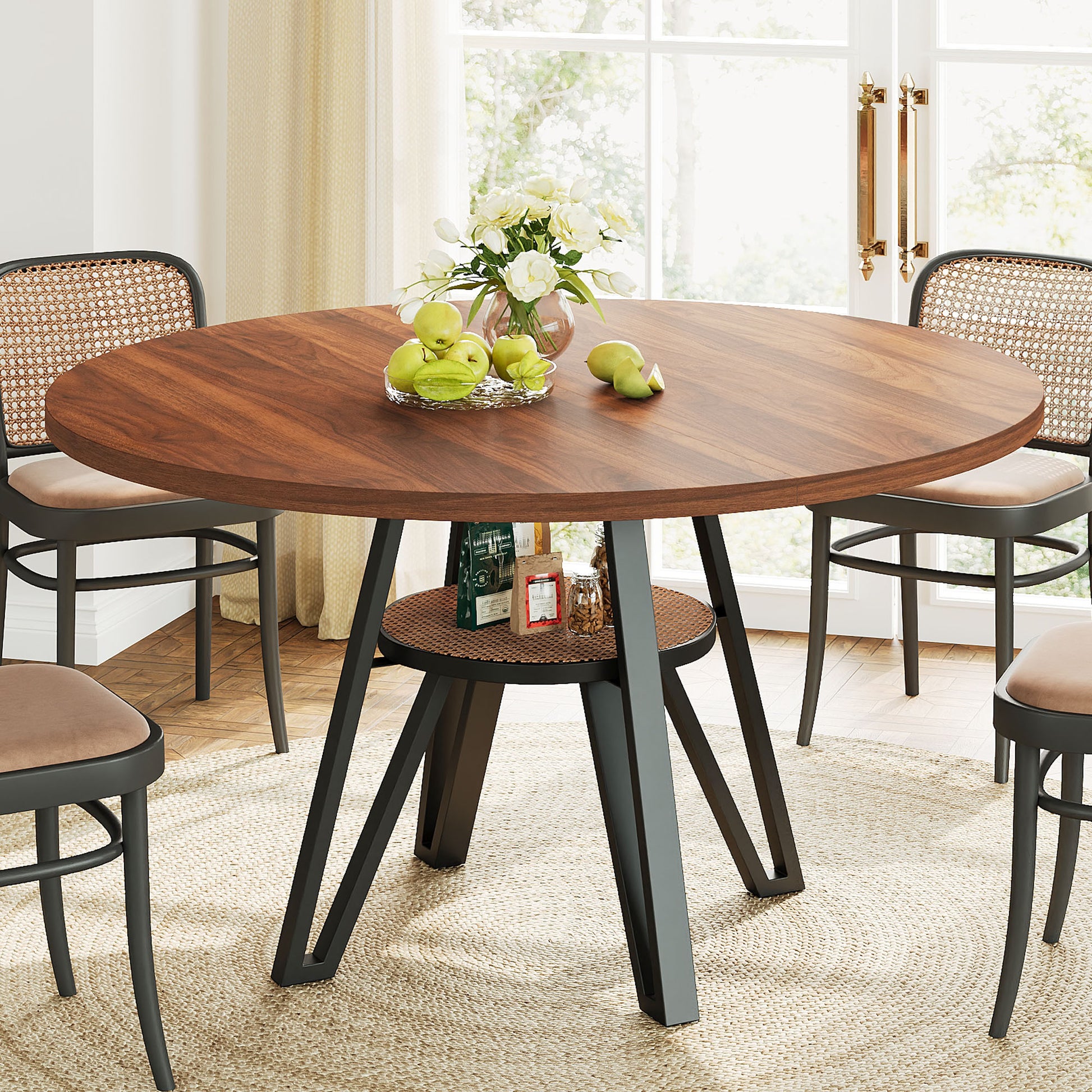 LIKIMIO Wooden Kitchen Table with Rattan Storage Shelf, 47.2”, Walnut