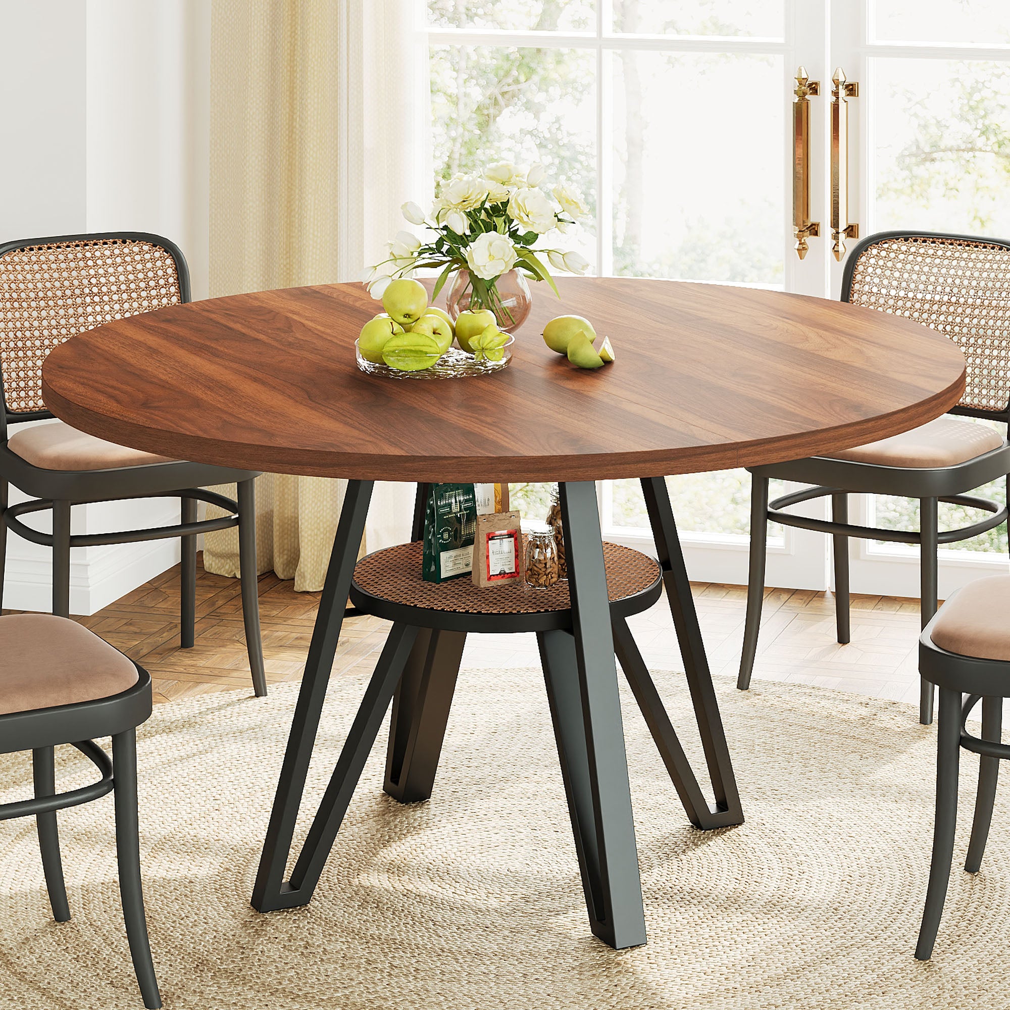 LIKIMIO Wooden Kitchen Table with Rattan Storage Shelf, 47.2”, black