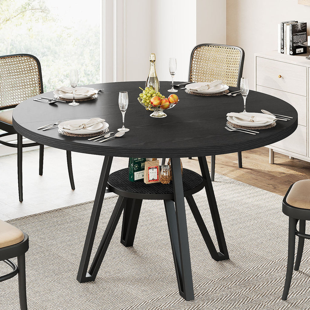 LIKIMIO Wooden Kitchen Table with Rattan Storage Shelf, 47.2”, black