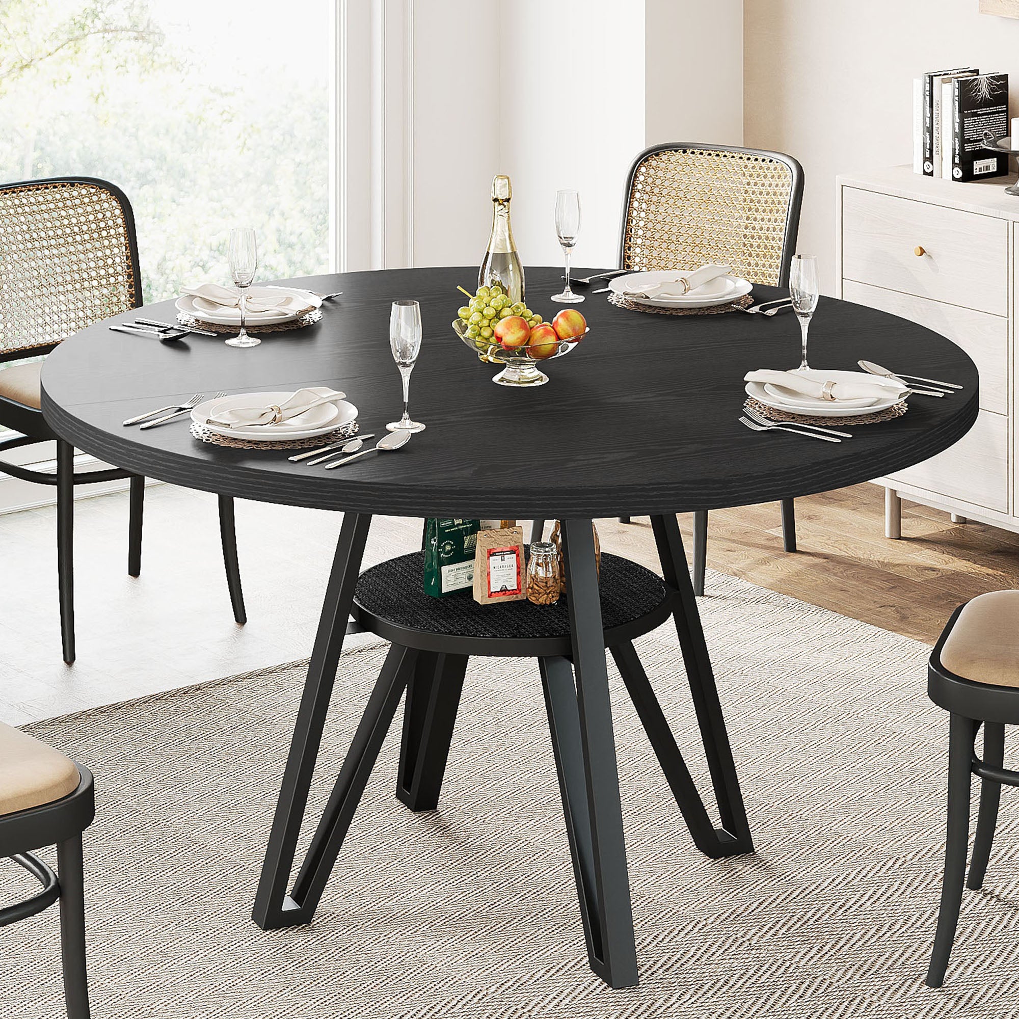 LIKIMIO Wooden Kitchen Table with Rattan Storage Shelf, 47.2”, black