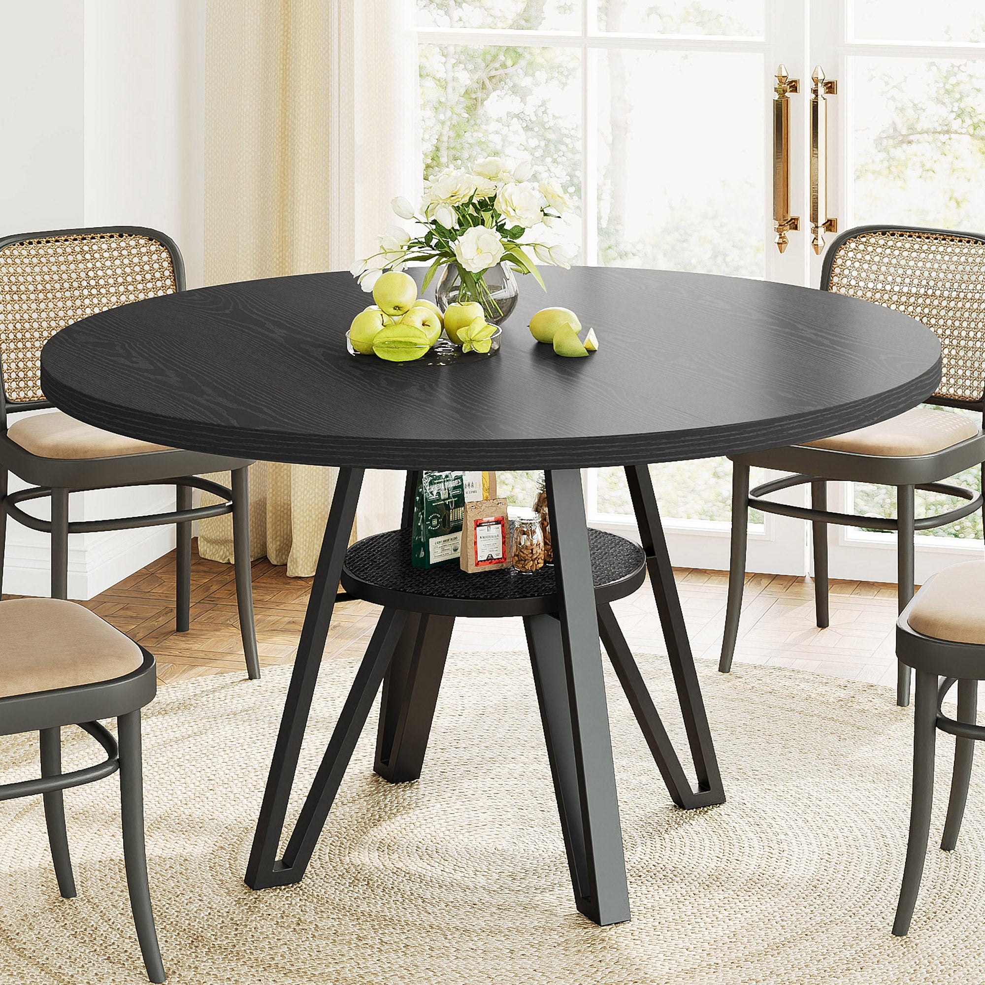 LIKIMIO Wooden Kitchen Table with Rattan Storage Shelf, 47.2”, black