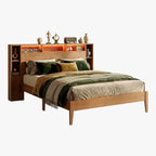 LIKIMIO Queen Bed Frame, with Charging Station & LED Lights, Natural Color