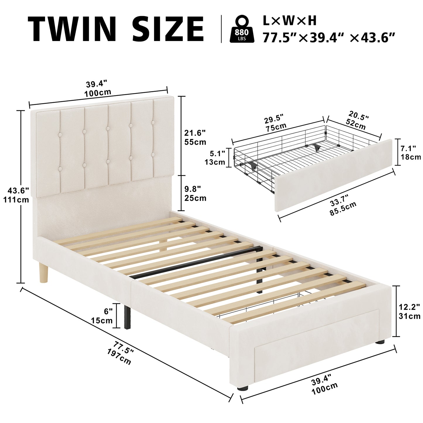 LIKIMIO Twin Bed Frame with XL Under-Bed Drawer