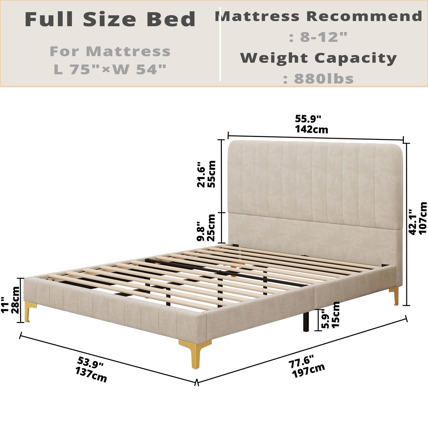 Platform Bed Frame with Upholstered Headboard Beige