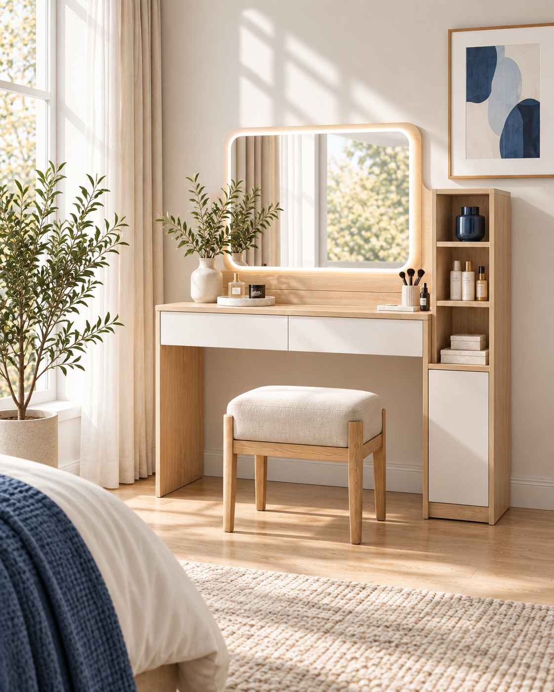 Natural wood vanity dresser with illuminated mirror
