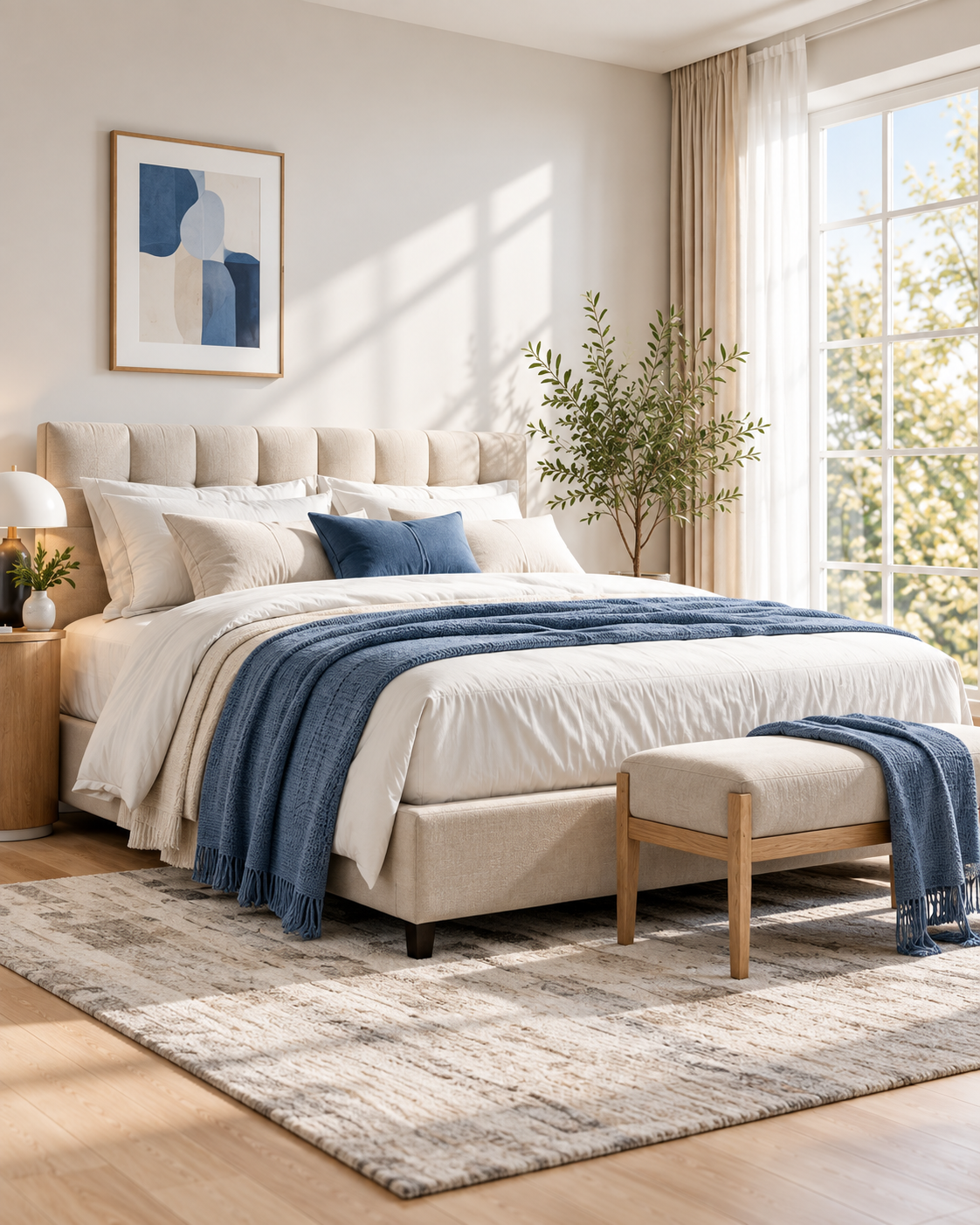 Bright bedroom with cream upholstered mattress and blue accents