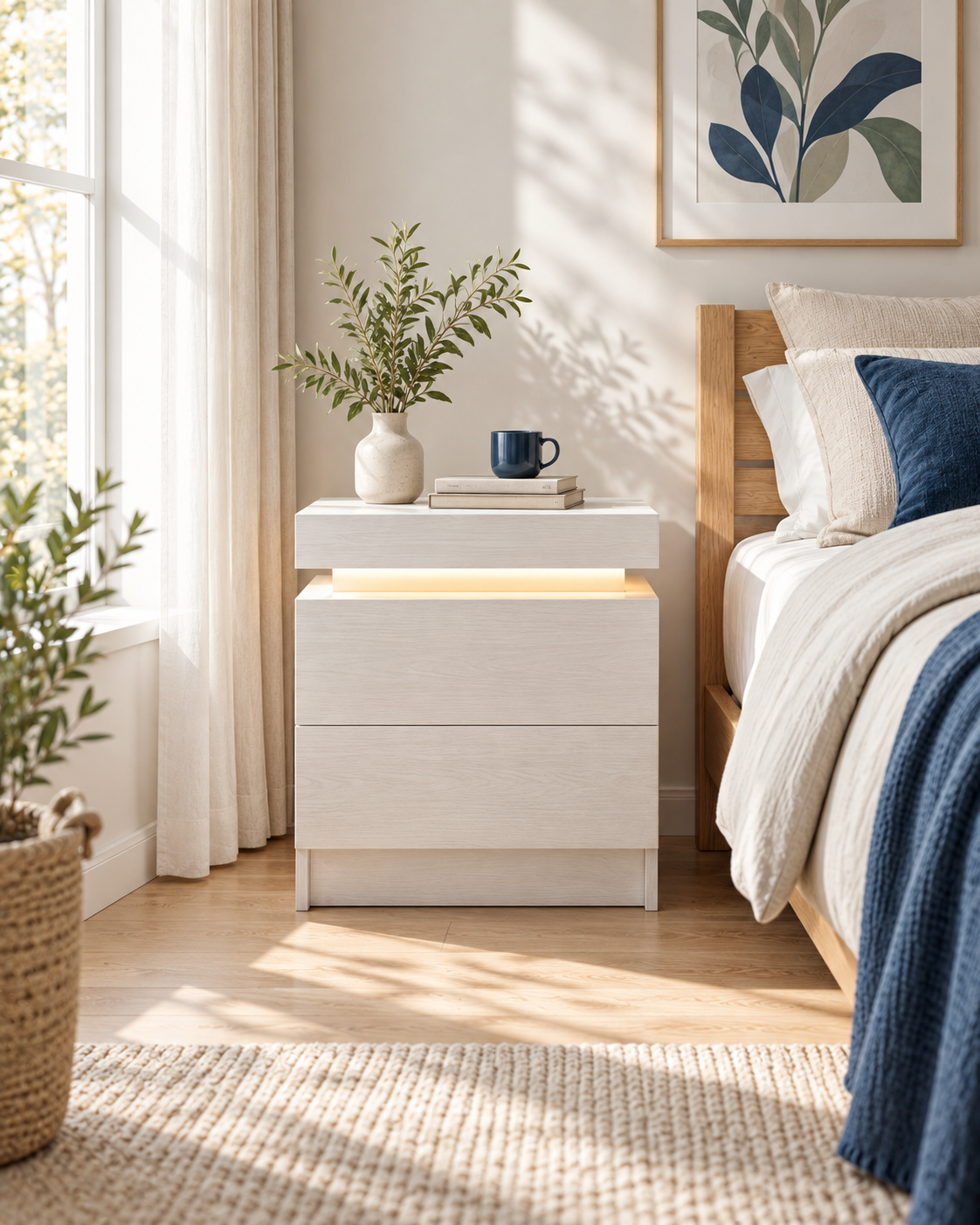 White bedroom nightstand in warm morning light