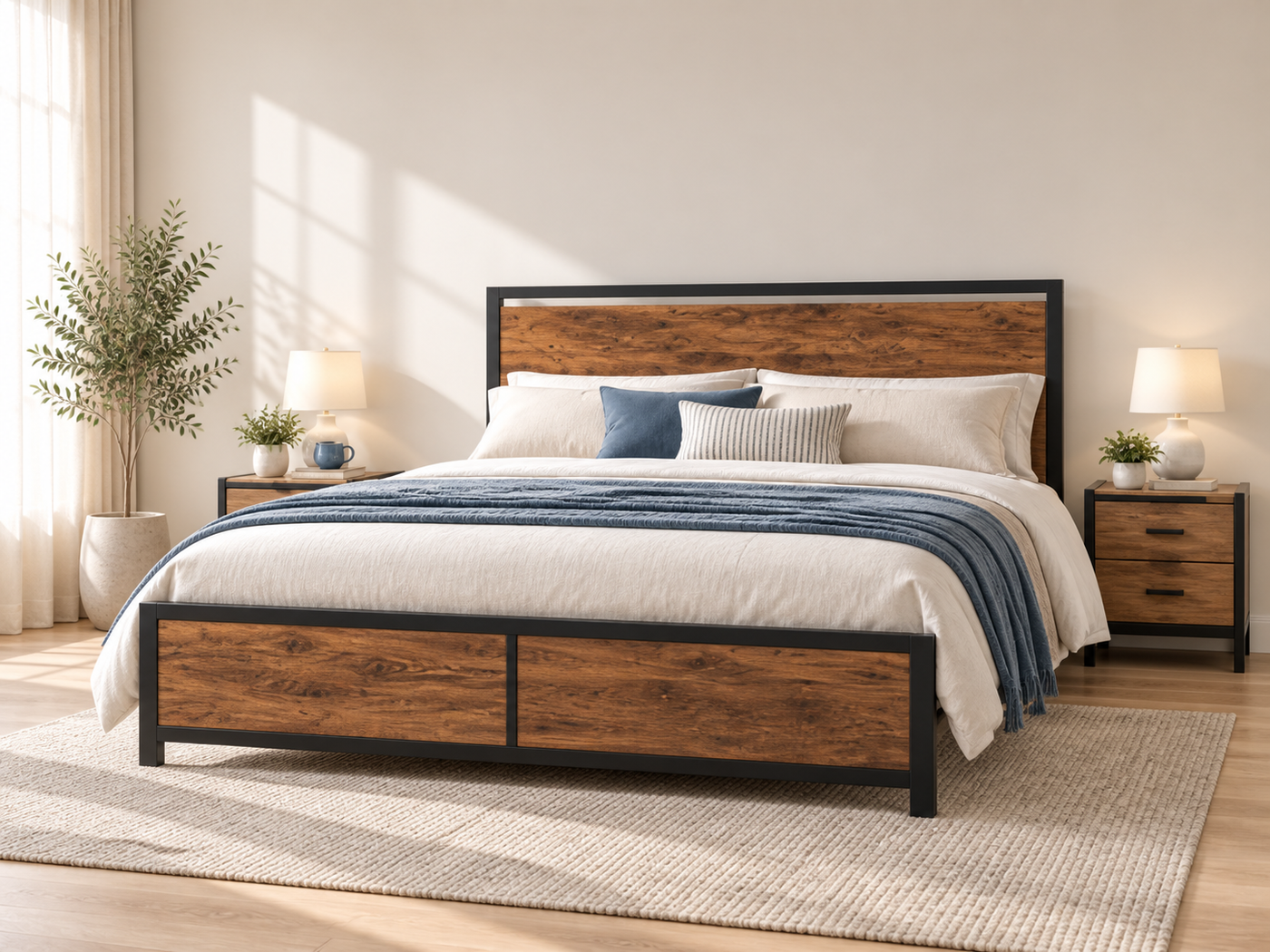 Metal bed bedroom scene with clean wall