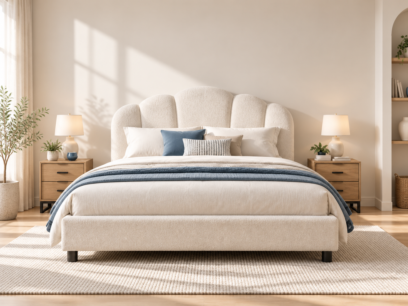 Upholstered bed bedroom scene with clean wall