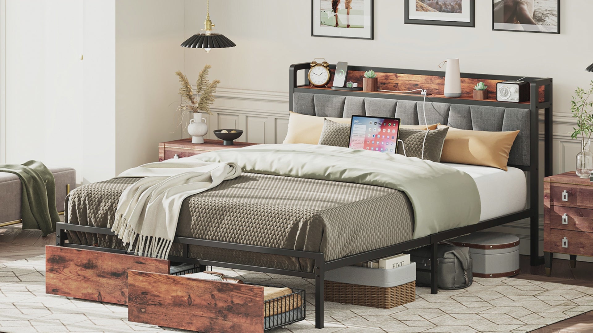 LIKIMIO Charging Storage Bed Frame