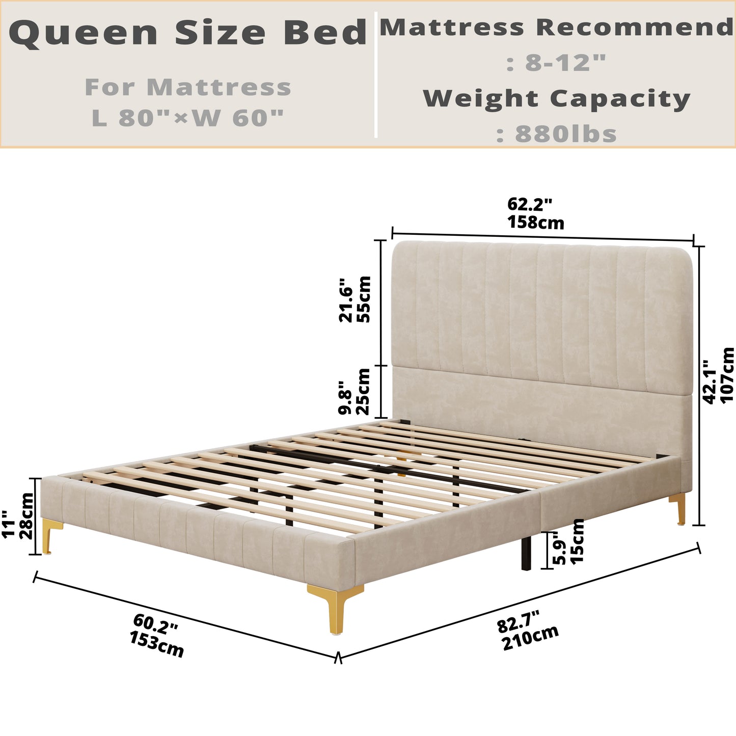 Platform Bed Frame with Upholstered Headboard Beige