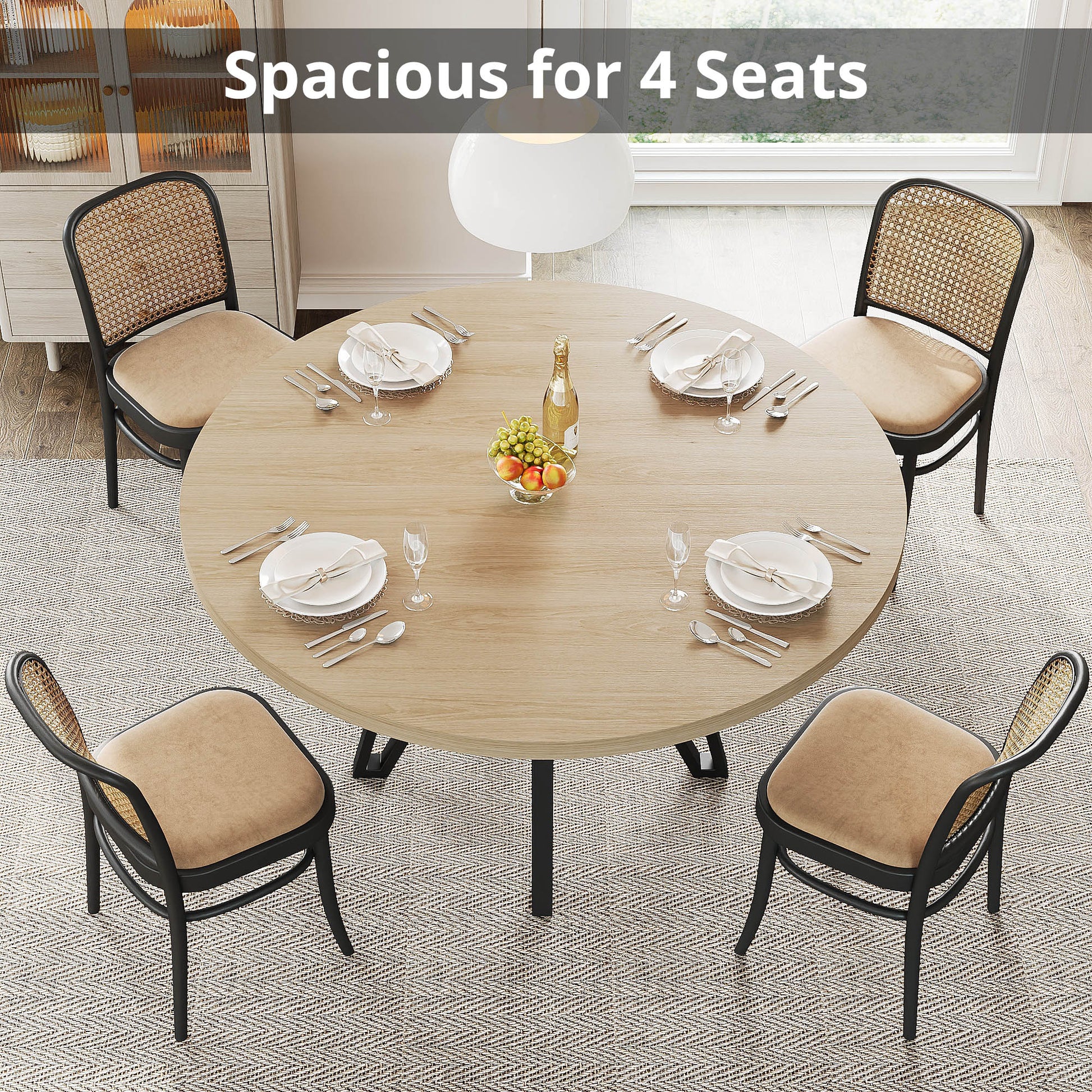 LIKIMIO Wooden Kitchen Table with Rattan Storage Shelf, 47.2”, Nature