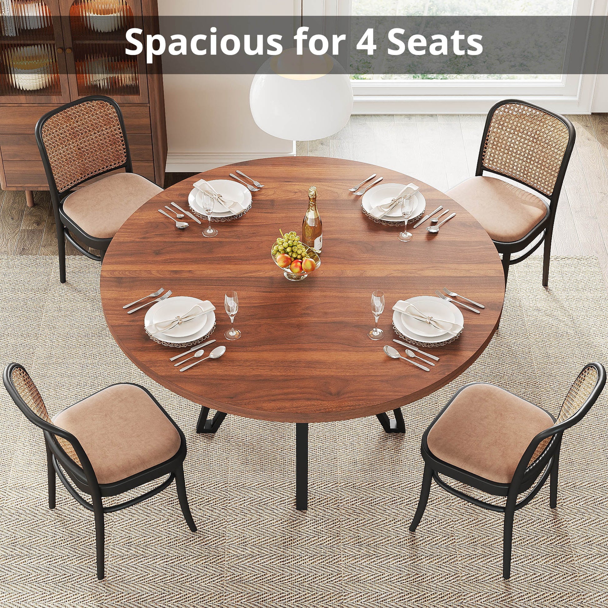 LIKIMIO Wooden Kitchen Table with Rattan Storage Shelf, 47.2”, Walnut