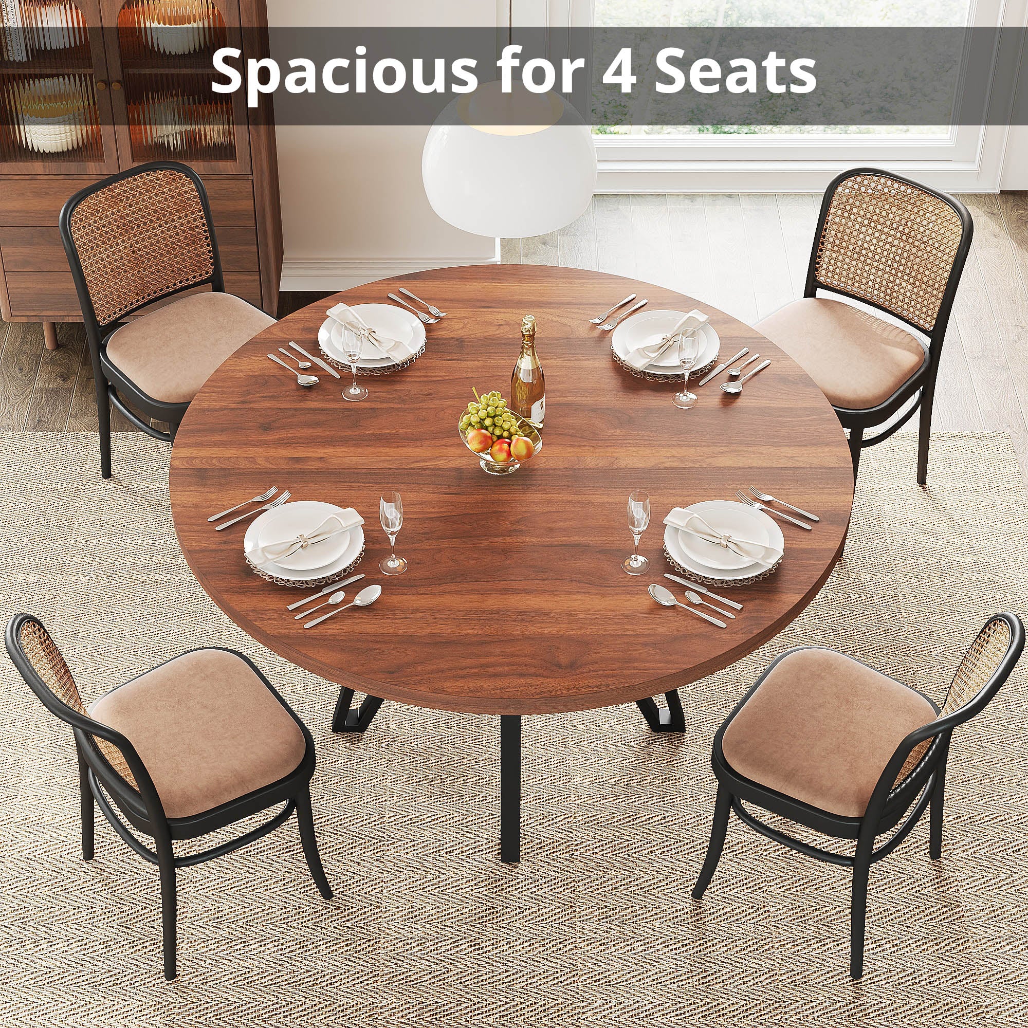 LIKIMIO Wooden Kitchen Table with Rattan Storage Shelf, 47.2”, Walnut