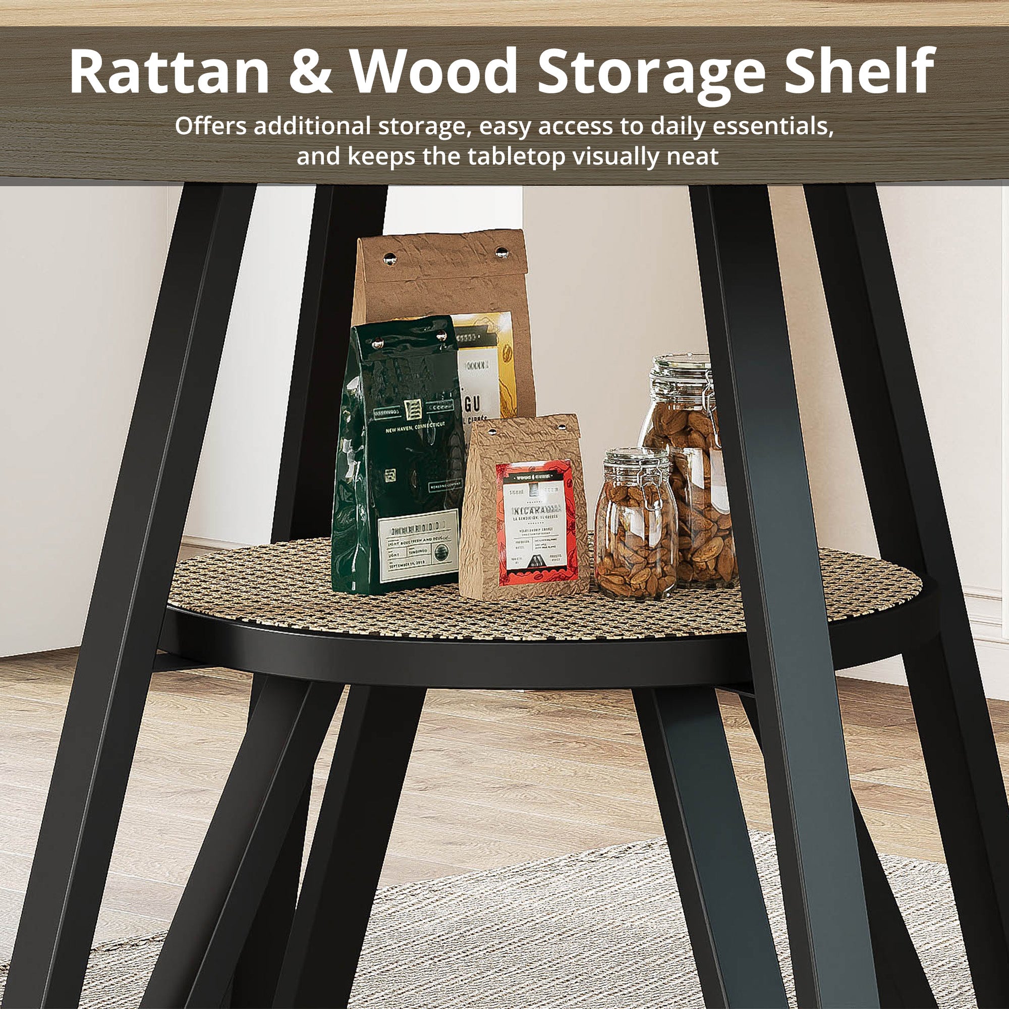 LIKIMIO Wooden Kitchen Table with Rattan Storage Shelf, 47.2”, Nature