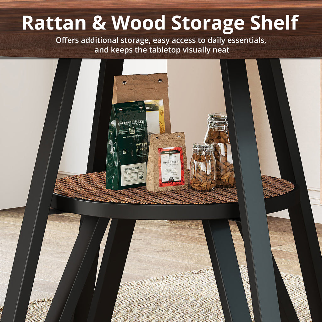 LIKIMIO Wooden Kitchen Table with Rattan Storage Shelf, 47.2”, Walnut