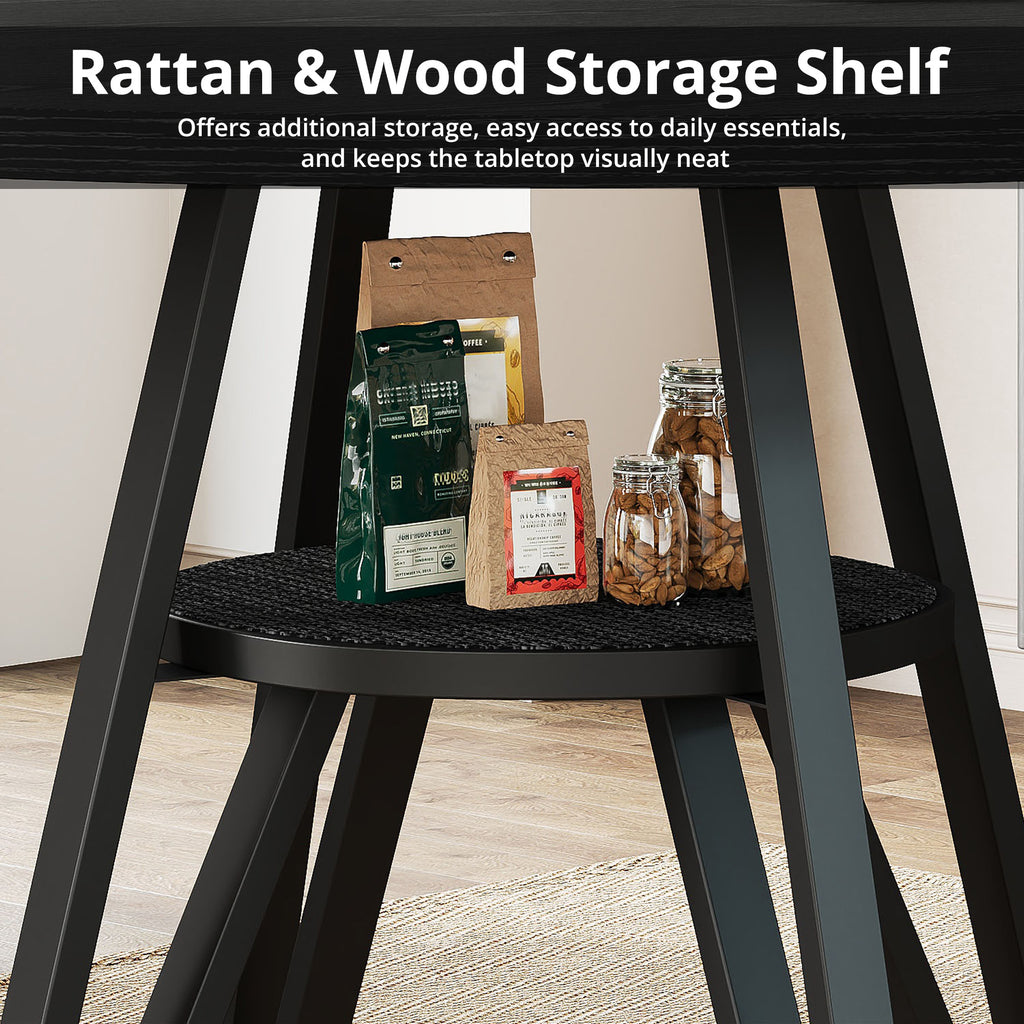 LIKIMIO Wooden Kitchen Table with Rattan Storage Shelf, 47.2”, black