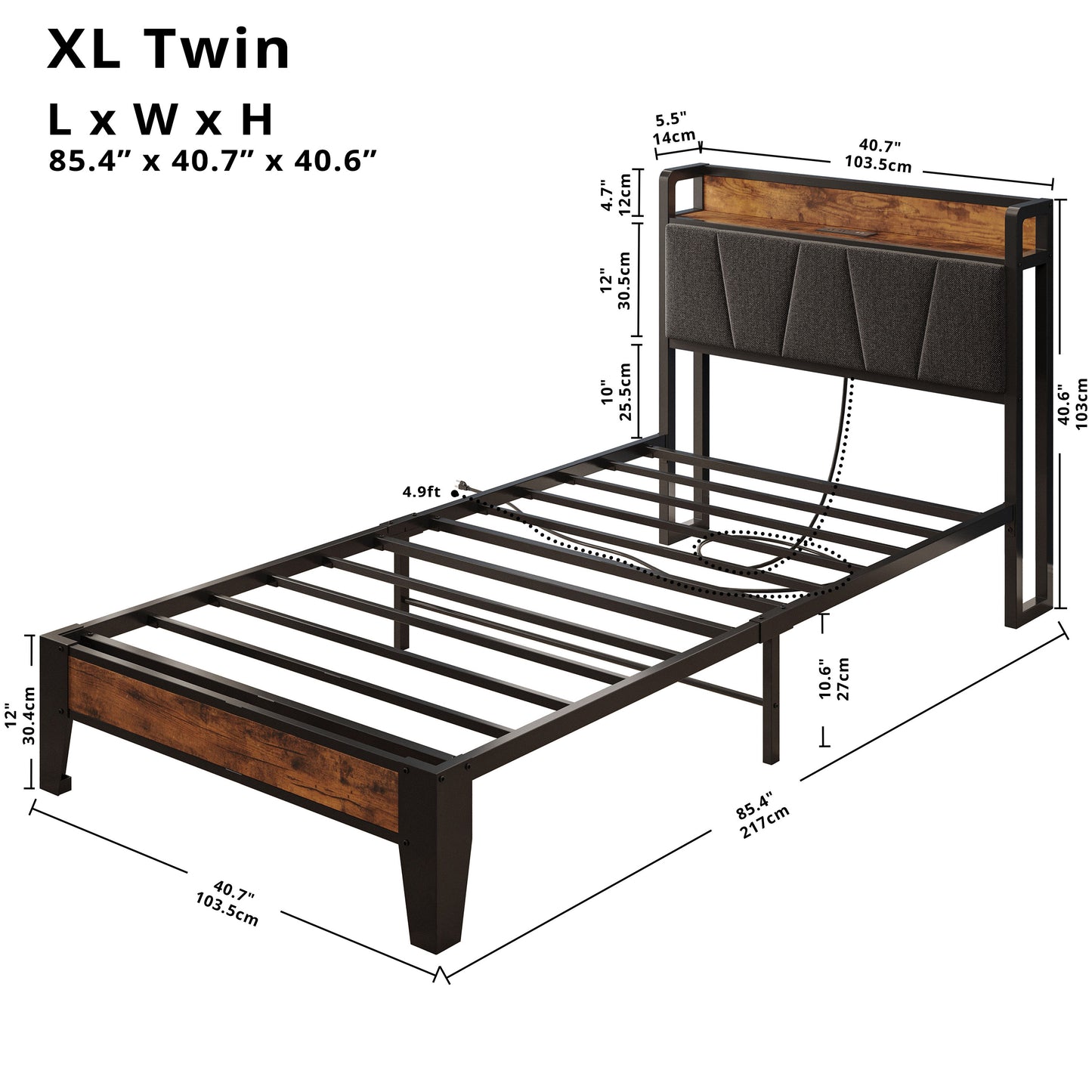 LIKIMIO Storage Headboard Bed Frame with Charging Station Grey