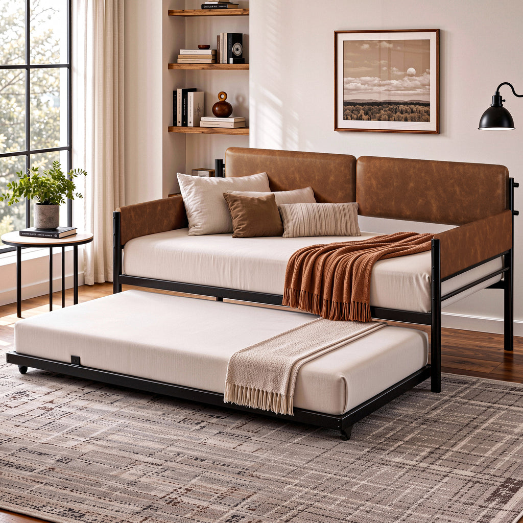 LIKIMIO Twin Upholstered Daybed with Pull Up Trundle, Brown Sofa Bed with Headboard, No Box Spring Needed, for Bedroom, Living Room, Study Room & Guest Room