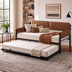 LIKIMIO Twin Upholstered Daybed with Pull Up Trundle, Brown Sofa Bed with Headboard, No Box Spring Needed, for Bedroom, Living Room, Study Room & Guest Room