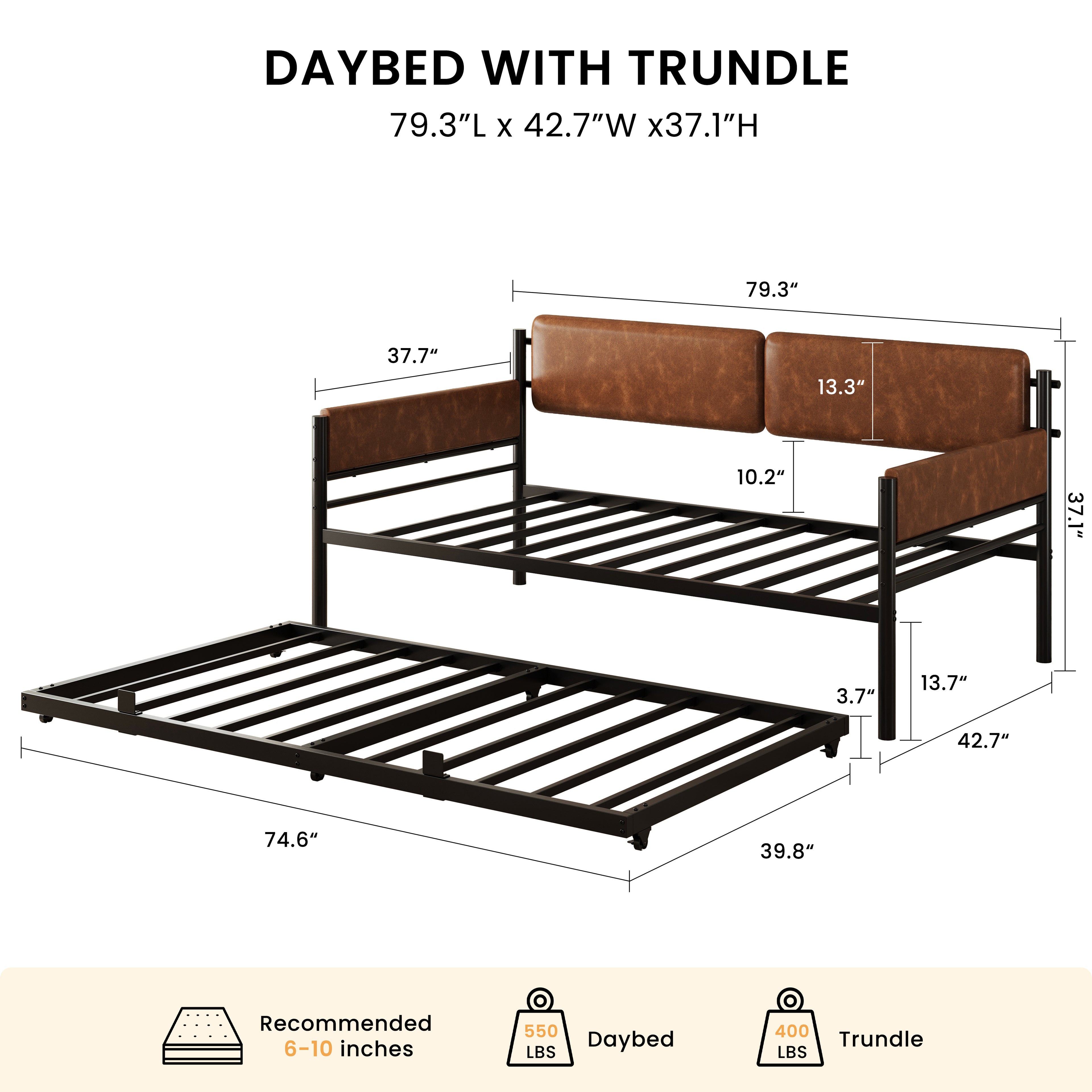 LIKIMIO Twin Upholstered Daybed with Pull Up Trundle, Brown Sofa Bed with Headboard, No Box Spring Needed, for Bedroom, Living Room, Study Room & Guest Room