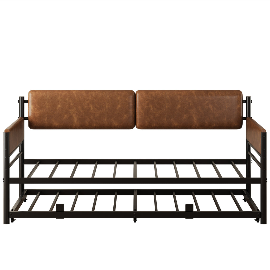 LIKIMIO Twin Upholstered Daybed with Pull Up Trundle, Brown Sofa Bed with Headboard, No Box Spring Needed, for Bedroom, Living Room, Study Room & Guest Room