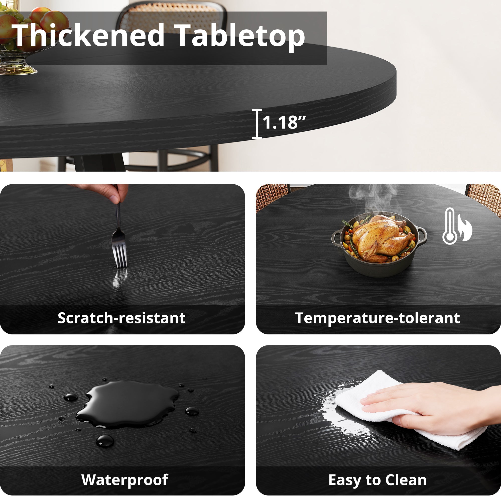 LIKIMIO Wooden Kitchen Table with Rattan Storage Shelf, 47.2”, black