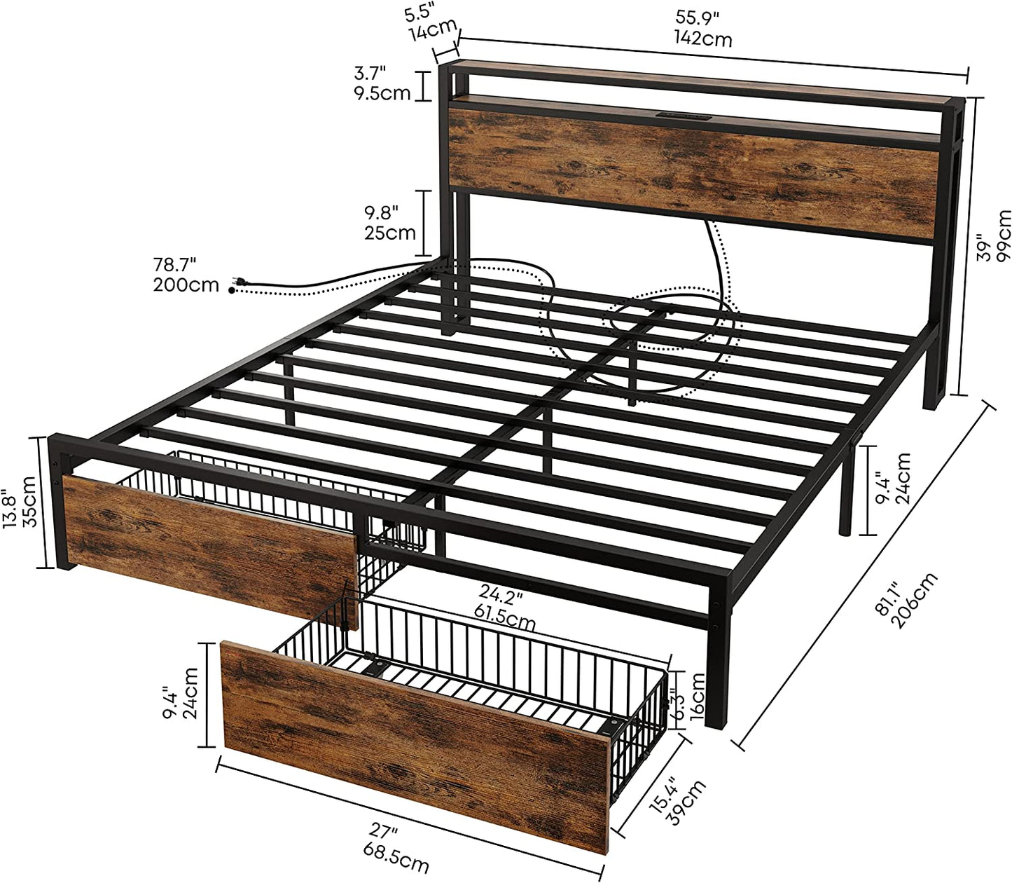 Full Size Bed Frame with Storage Drawers