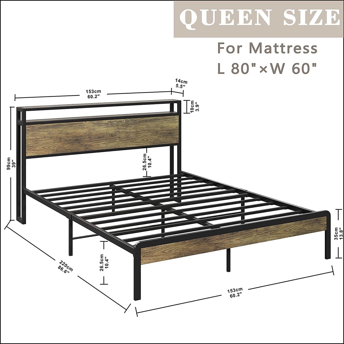 LIKIMIO Queen Bed Frame with Storage Headboard Rustic Maple
