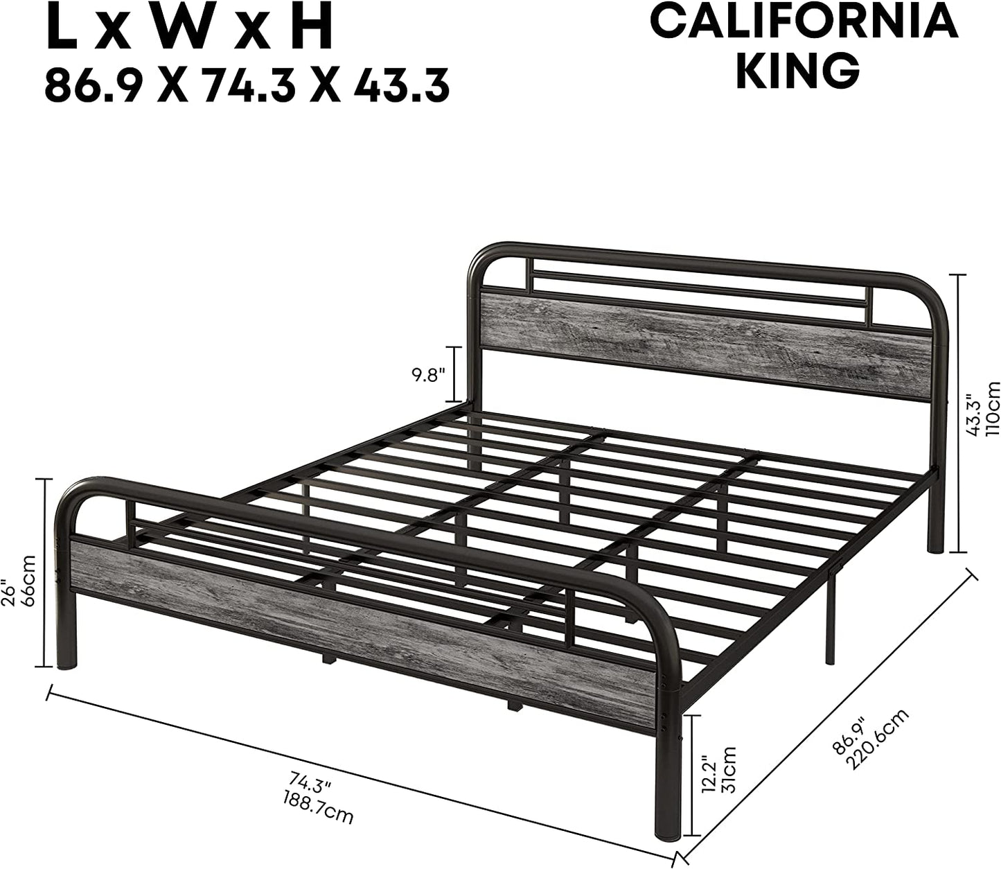 LIKIMIO California King Bed Frames Industrial Gray