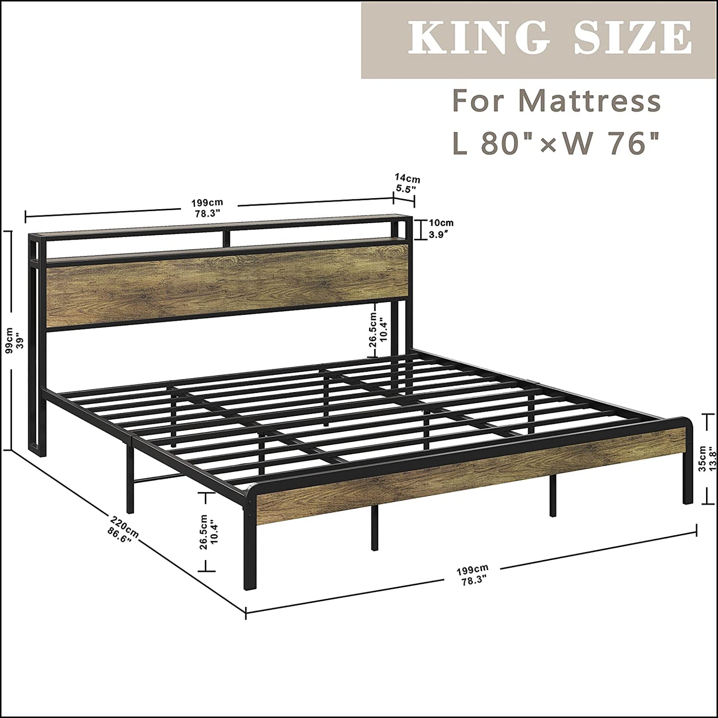 King Bed Frame with Storage Headboard Rustic Maple