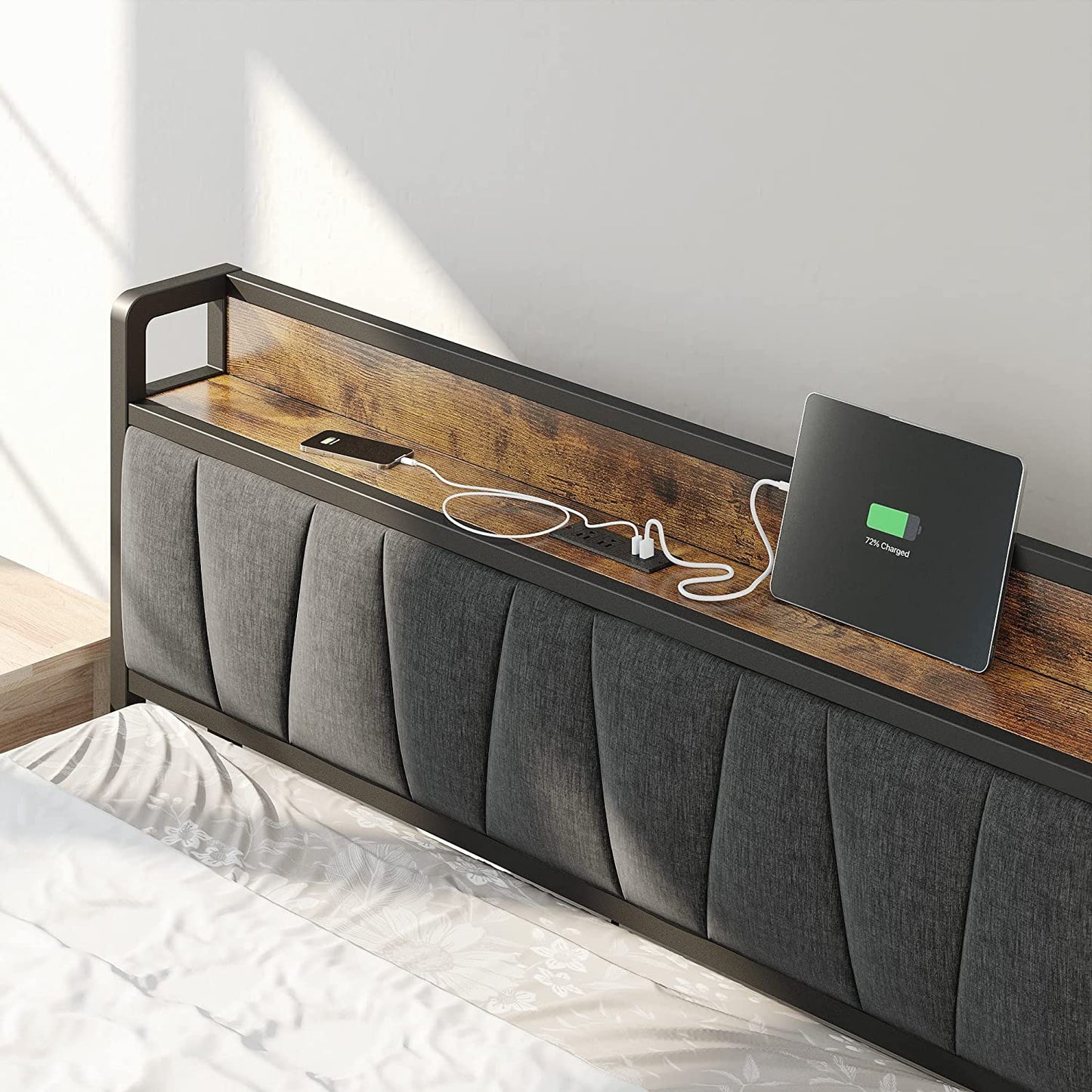 LIKIMIO Storage Headboard Bed Frame with Charging Station Grey