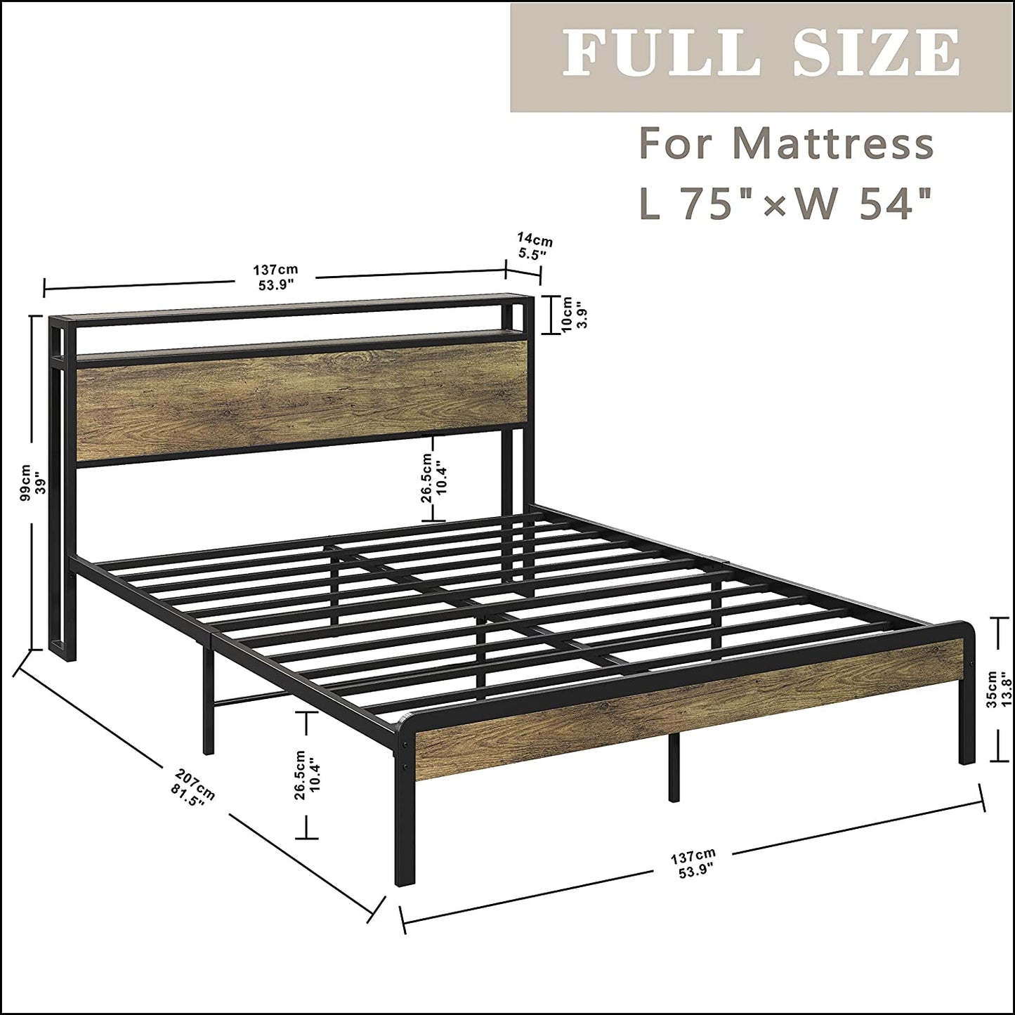 Full Size Bed Frame with Storage Headboard Rustic Maple