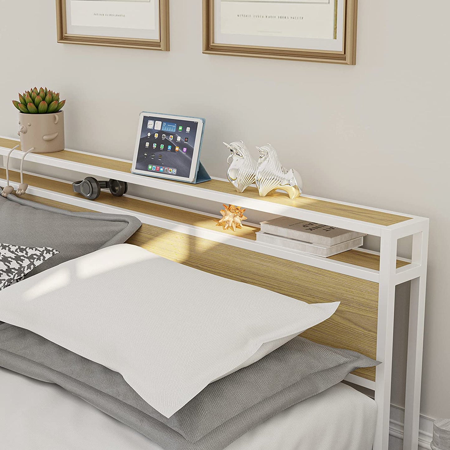 White Bed Frame with Storage Headboard