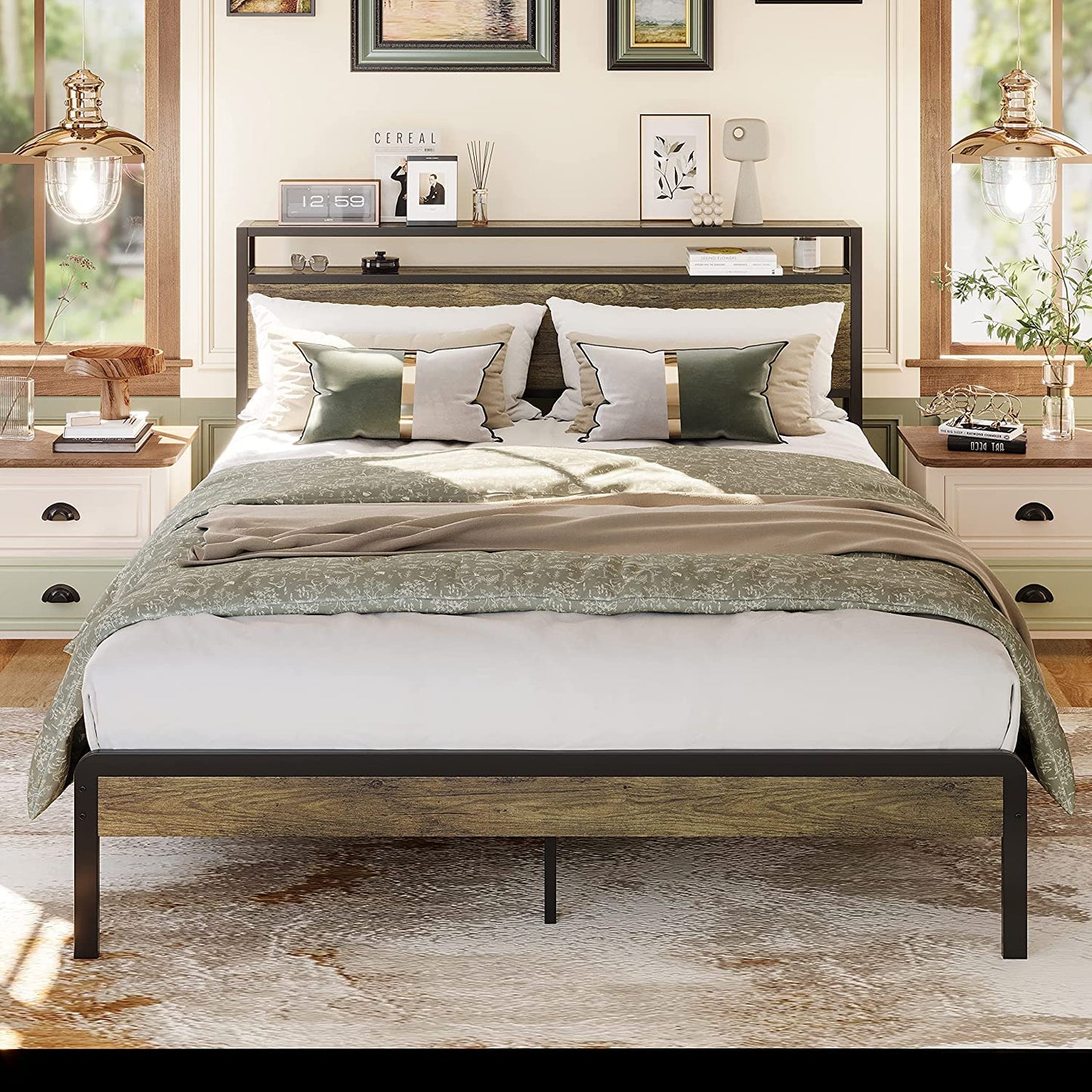 LIKIMIO Queen Bed Frame with Storage Headboard Rustic Maple