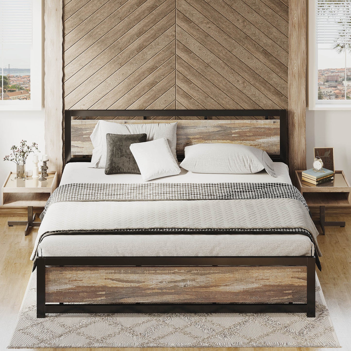 Rustic Brown Bed Frame with Headboard and Footboard