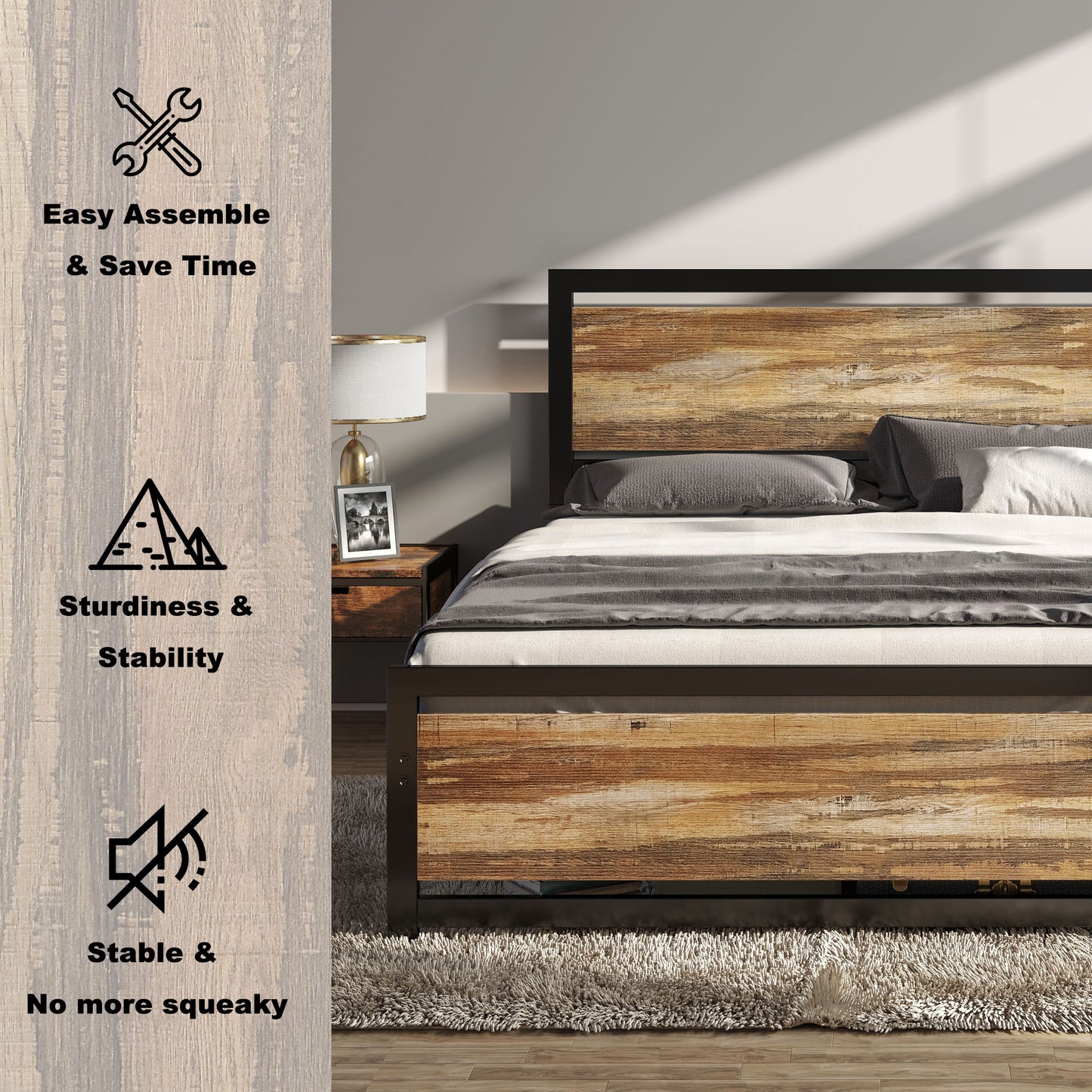 Rustic Brown Bed Frame with Headboard and Footboard