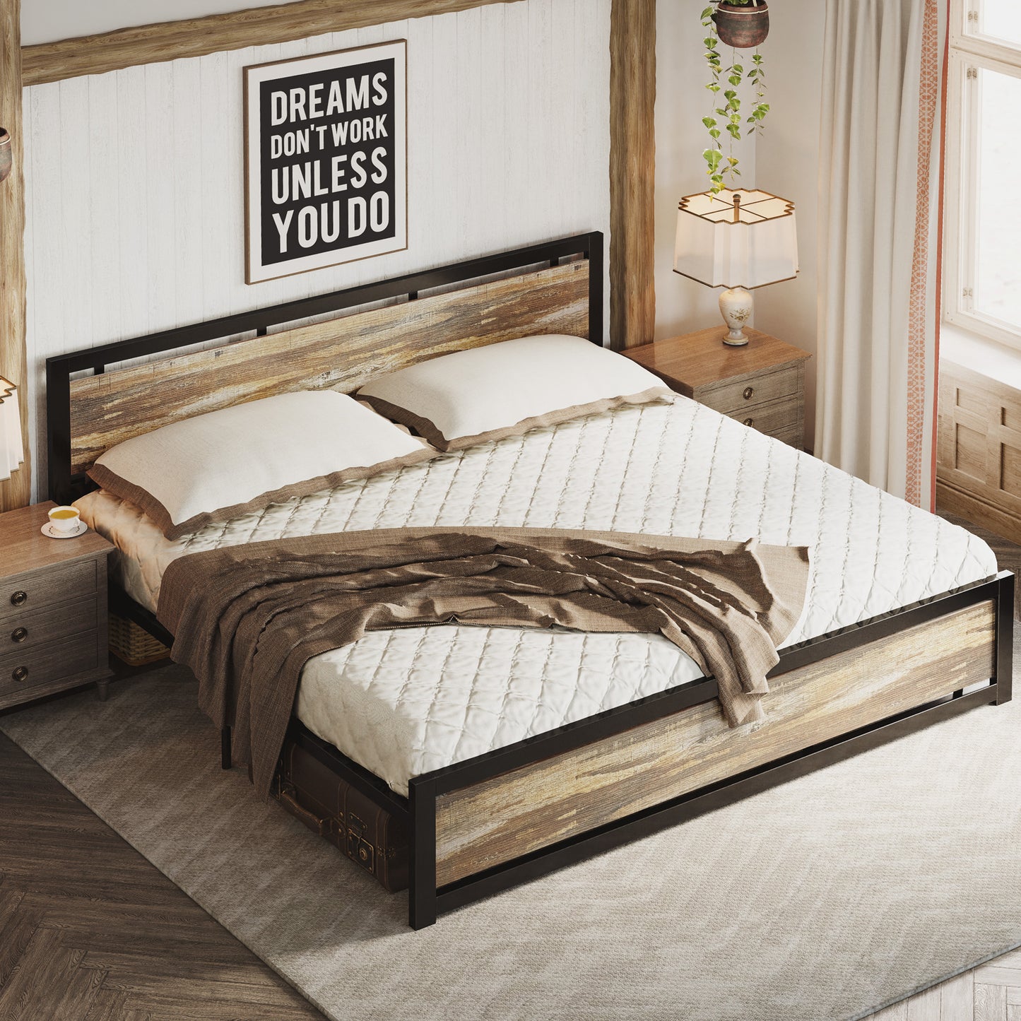 Rustic Brown Bed Frame with Headboard and Footboard