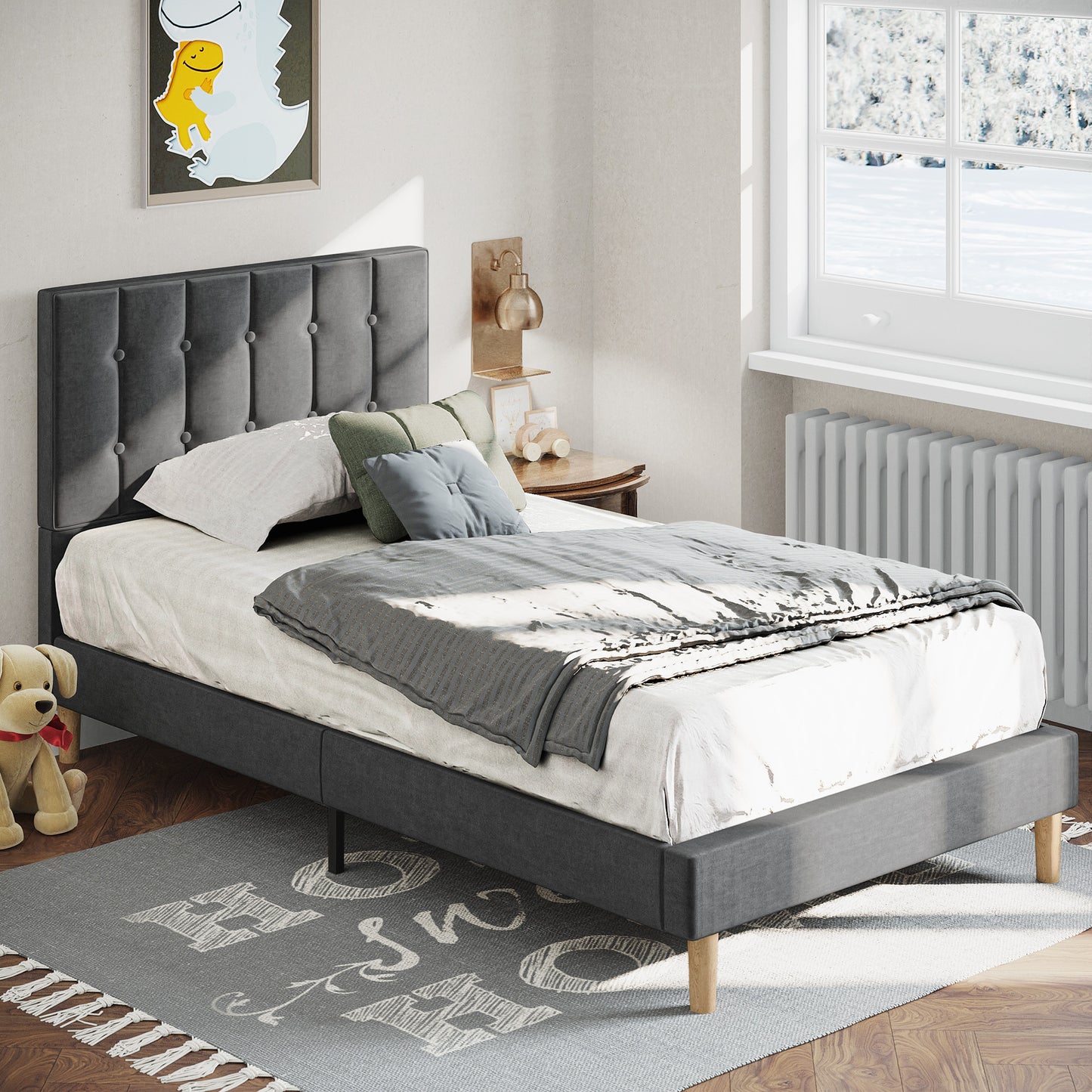 LIKIMIO Twin Size Velvet Upholstered Bed Frame Gray