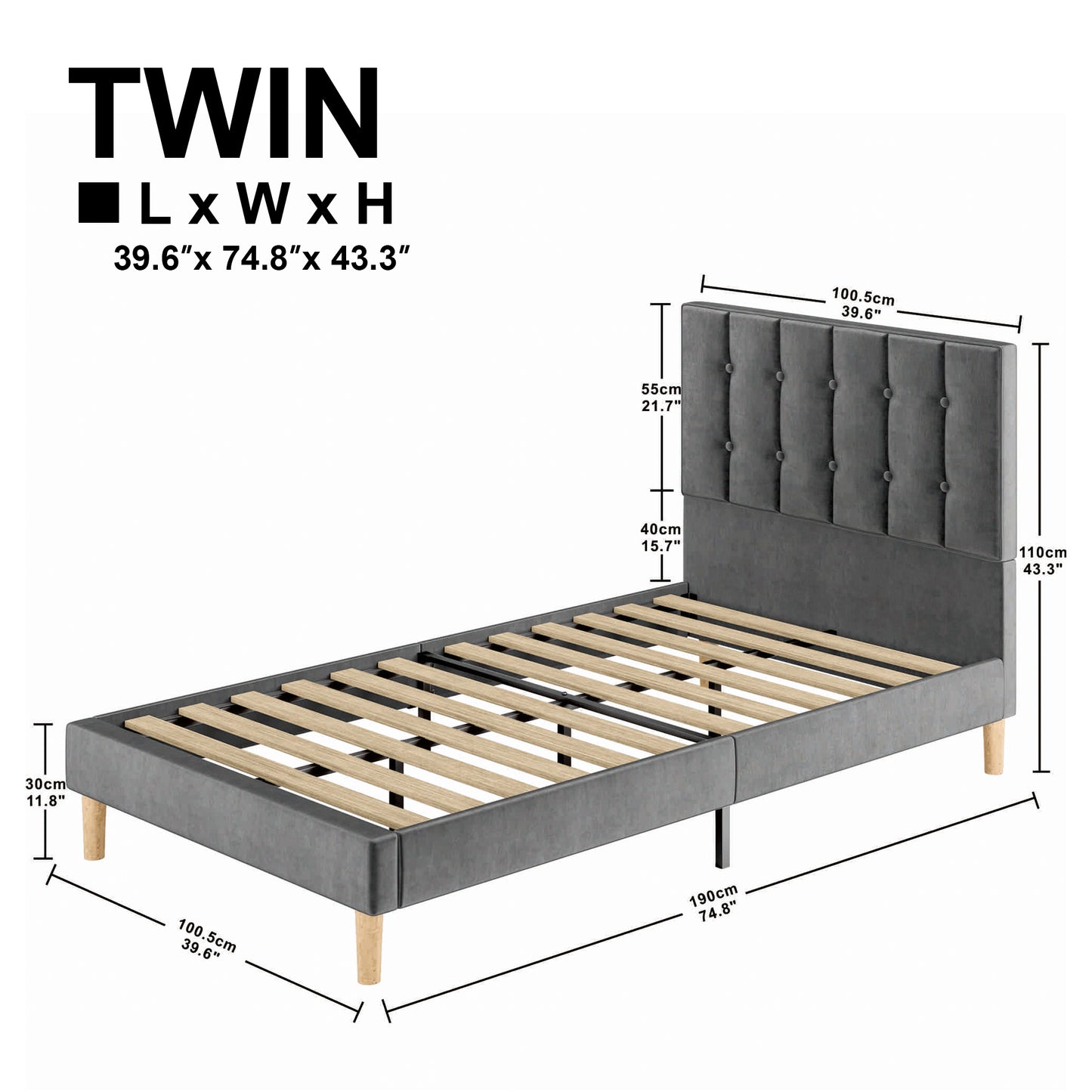 LIKIMIO Twin Size Velvet Upholstered Bed Frame Gray